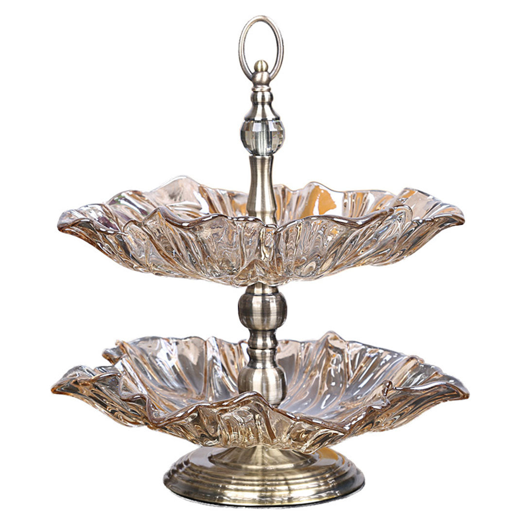 SOGA 2 Tier Bronze Lotus Vertex Crystal Glass Fruit Bowl Candy