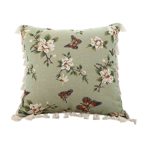 SOGA 45cm Matcha Green French Vintage Butterfly Loves Flowers Tassel Throw pillow