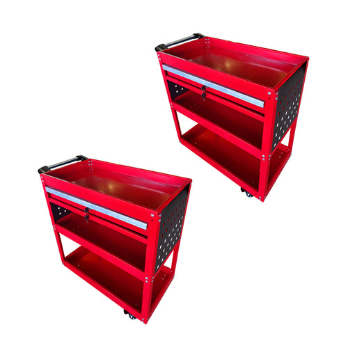 SOGA 2X 3 Tier Tool Storage Cart Portable Service Utility Heavy Duty Mobile Trolley with Drawer and Hooks Red