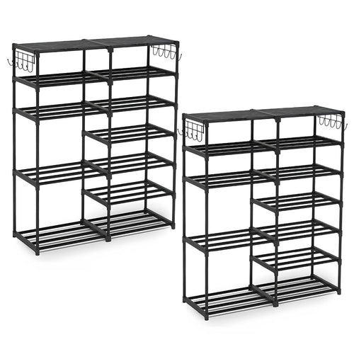 SOGA 2X 12-Shelf Tier Shoe Storage Shelf Space-Saving Caddy Rack Organiser with Side Hooks Black