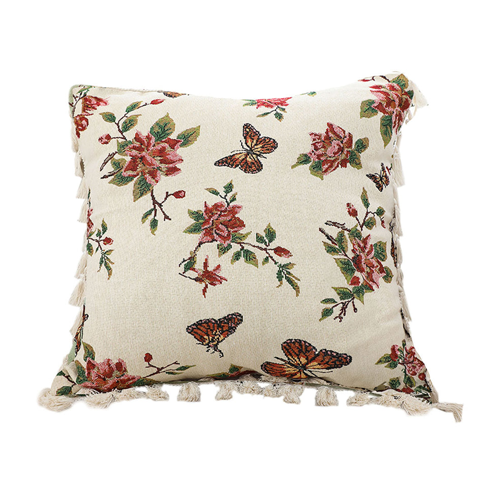 SOGA 45cm Creamy White French Vintage Butterfly Loves Flowers Tassel Throw Pillow