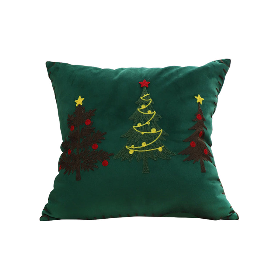 SOGA 45cm Throw Pillow Green Three Embroidered Christmas Trees for Festive Holiday Square Cushion Home Decor