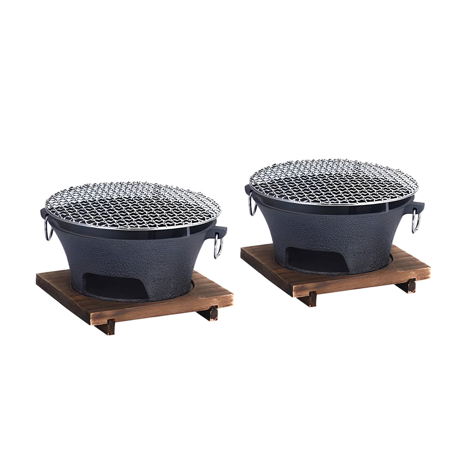 SOGA 2X Medium Cast Iron Round Stove Charcoal Table Net Grill Japanese Style BBQ Picnic Camping with Wooden Board