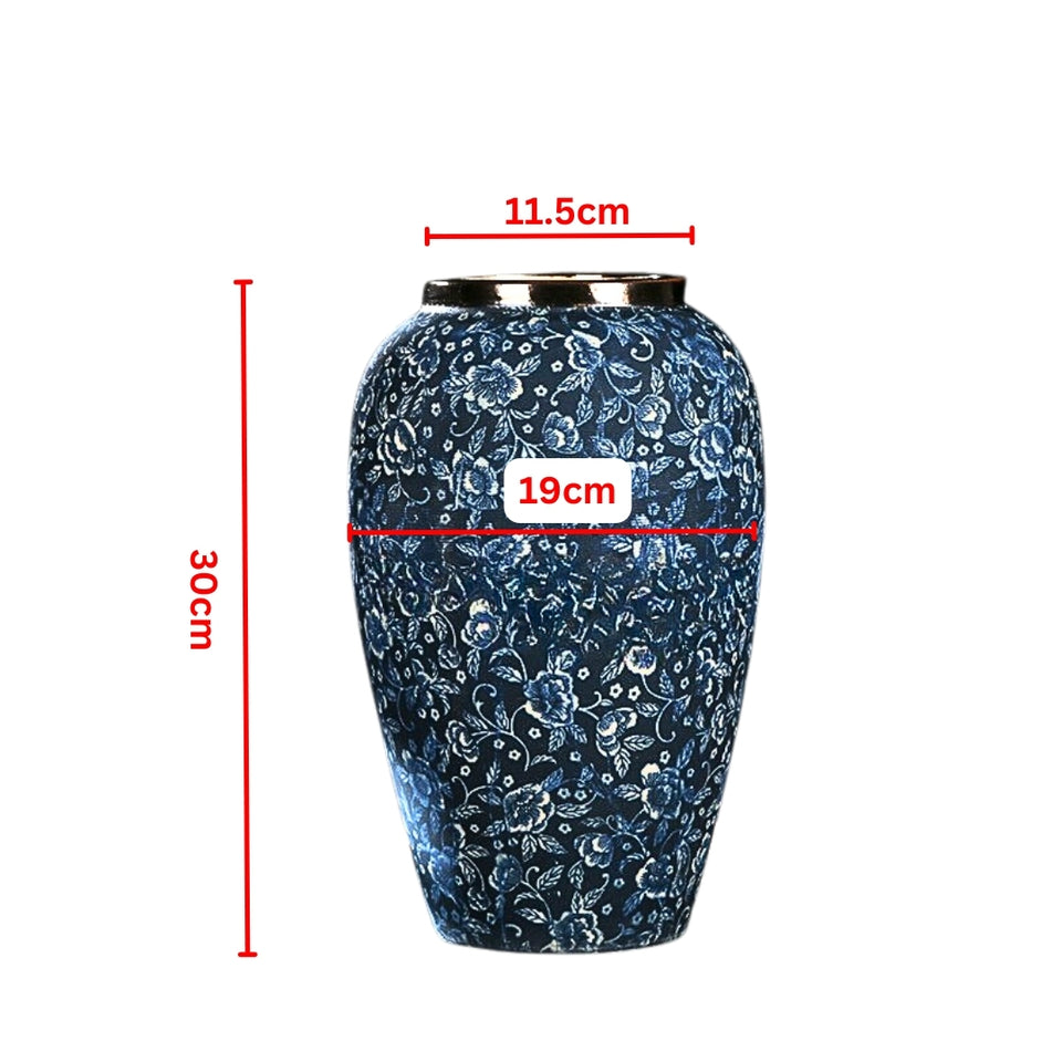 SOGA 30x19cm Blue with White Mini Floral Medium Ceramic Flower Vase Elegant Living Room Home Decor