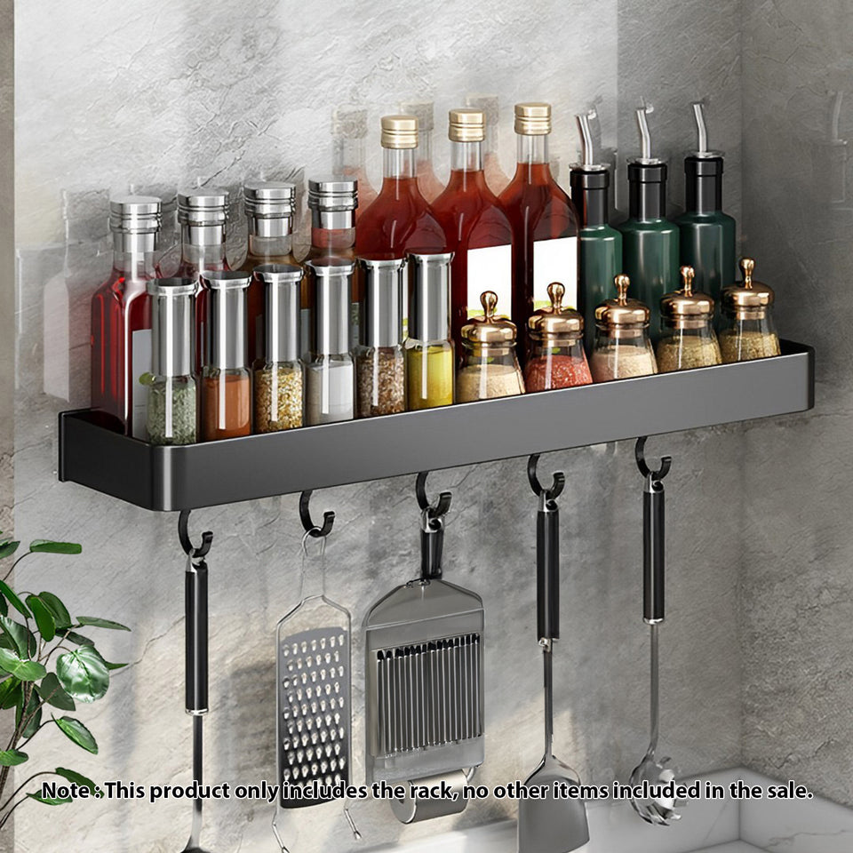 SOGA 52cm Black Wall-Mounted Rectangular Kitchen Spice Storage Organiser Space Saving Condiments Shelf Rack with Hooks