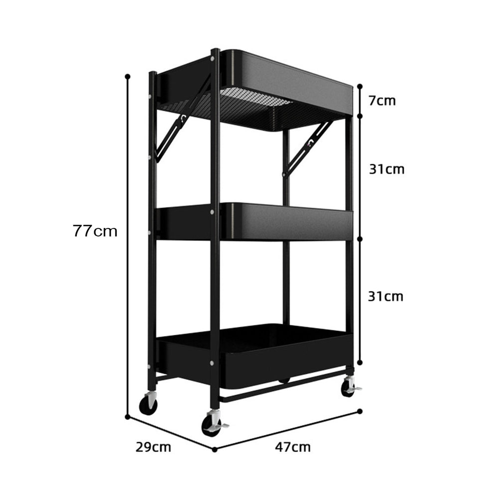 SOGA 3 Tier Steel Black Foldable Kitchen Cart Multi-Functional Shelves Storage Organizer with Wheels