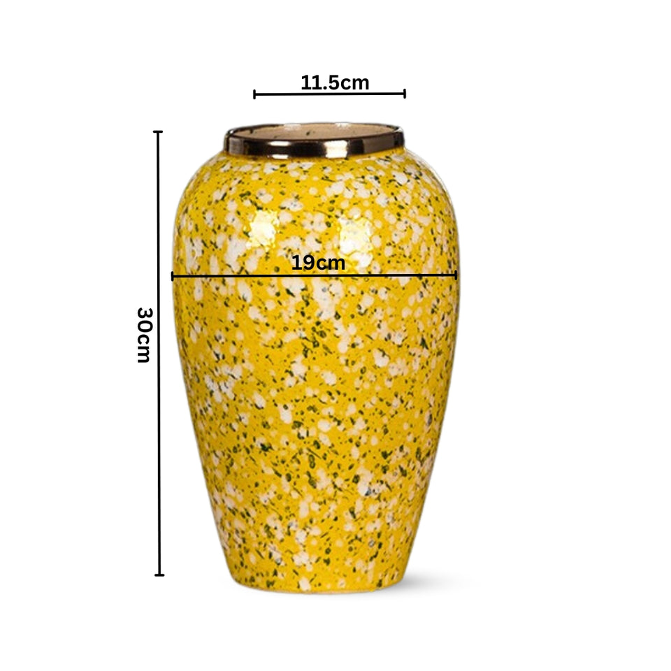 SOGA 30x19cm Yellow with White Mini Floral Medium Ceramic Flower Vase Elegant Living Room Home Decor