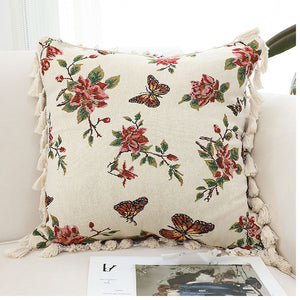 SOGA 45cm Creamy White French Vintage Butterfly Loves Flowers Tassel Throw Pillow