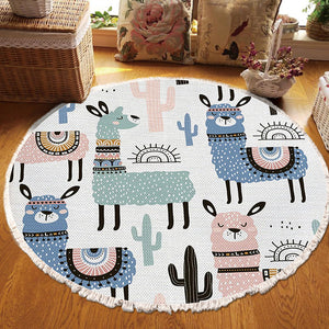 SOGA 120cm Alpaca Cactus Pattern Rug Desert Animals Non-Slip Round Area Rugs for Living Room Dining Room