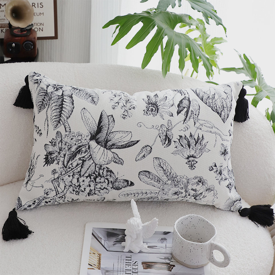 SOGA 35cm Throw Pillow  Black and White Floral Print Elegant with Tassel Accents Home Decor