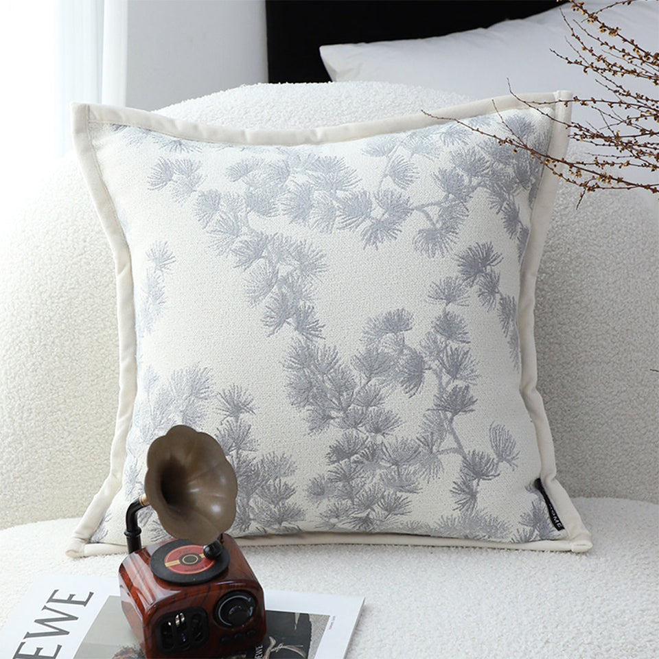 SOGA 45cm Throw Pillow Cream White Wide Border with Branch and Pine Needle Design Pattern Home Decor