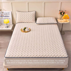 SOGA 2X Beige 183cm Wide Mattress Cover Thick Quilted Fleece Stretchable Clover Design Bed Spread Sheet Protector with Pillow Covers