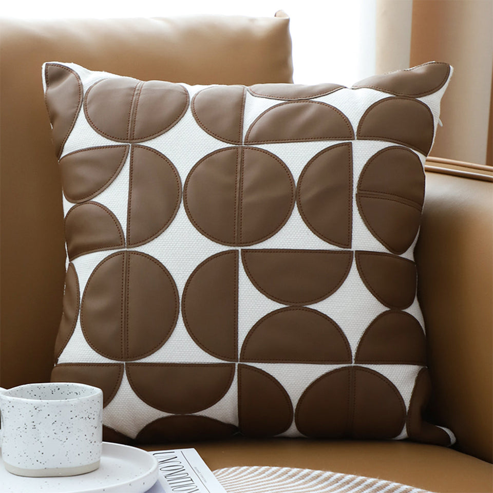 SOGA 45cm Brown Leather Square Pillow Half Moon Patchwork Design Decorative Cushion for Living Room