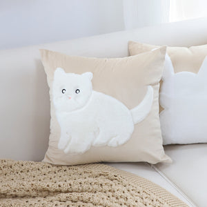 SOGA 45cm Throw Pillow Light Tan Square Cushion with Soft White Cat Design Decorative Home Decor