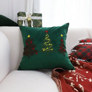 SOGA 45cm Throw Pillow Green Three Embroidered Christmas Trees for Festive Holiday Square Cushion Home Decor