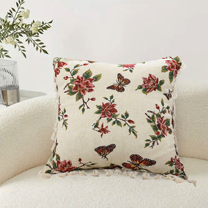 SOGA 45cm Creamy White French Vintage Butterfly Loves Flowers Tassel Throw Pillow