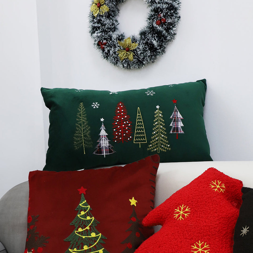 SOGA 30cm Throw Pillow Dark Green Christmas Forest Embroidered Lumbar for Festive Holiday Cushion Home Decor