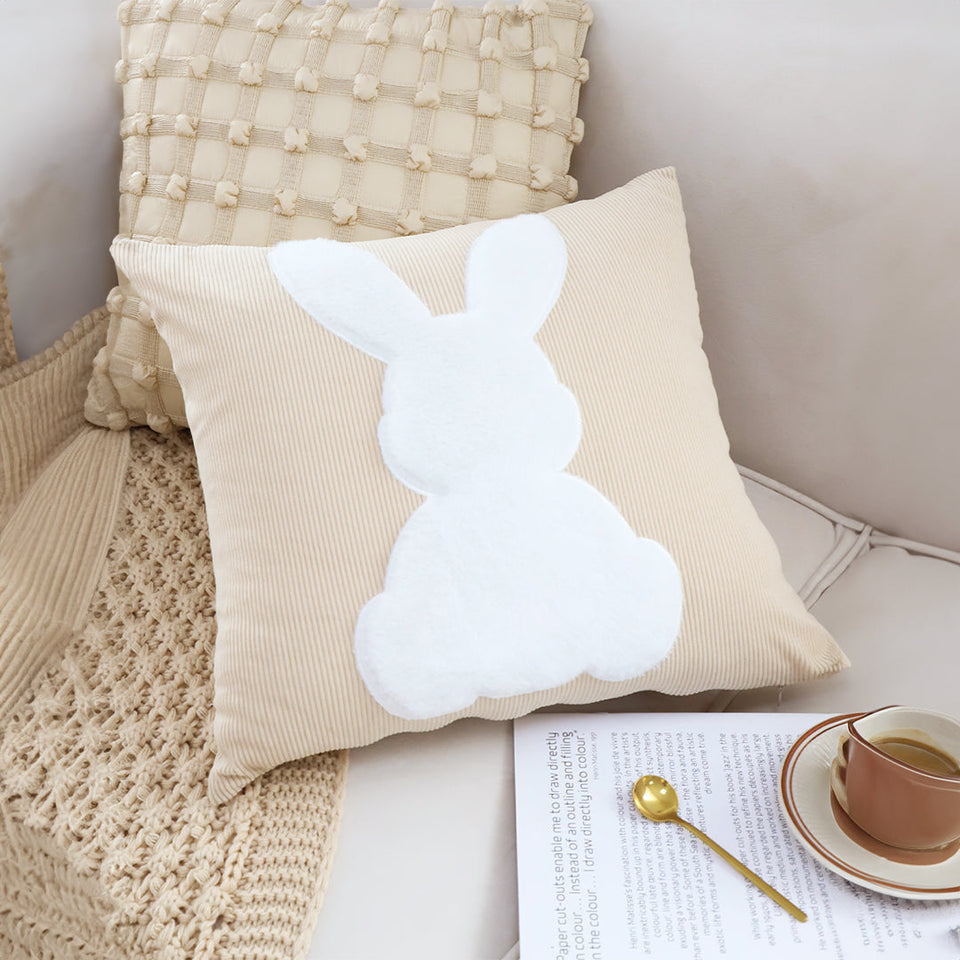 SOGA 45cm Throw Pillow Light Tan Square Cushion with Soft White Rabbit Design Decorative Home Decor