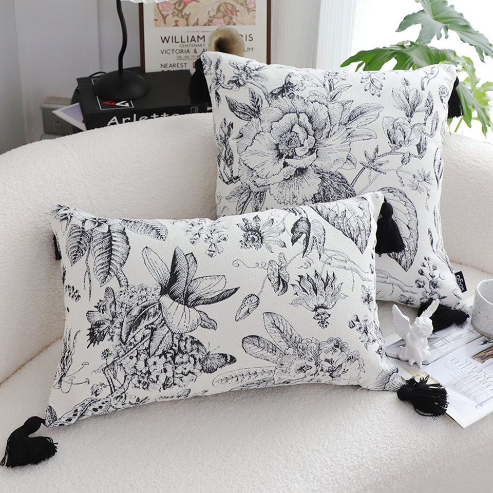 SOGA 35cm Throw Pillow  Black and White Floral Print Elegant with Tassel Accents Home Decor