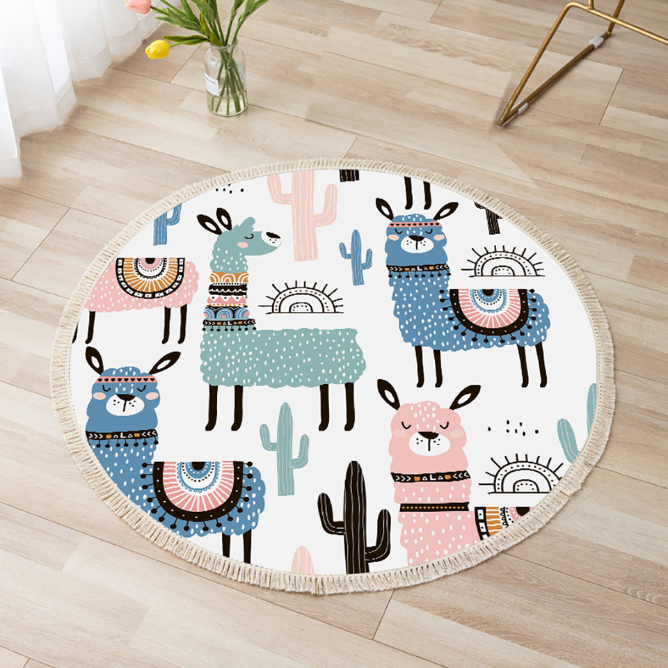 SOGA 120cm Alpaca Cactus Pattern Rug Desert Animals Non-Slip Round Area Rugs for Living Room Dining Room