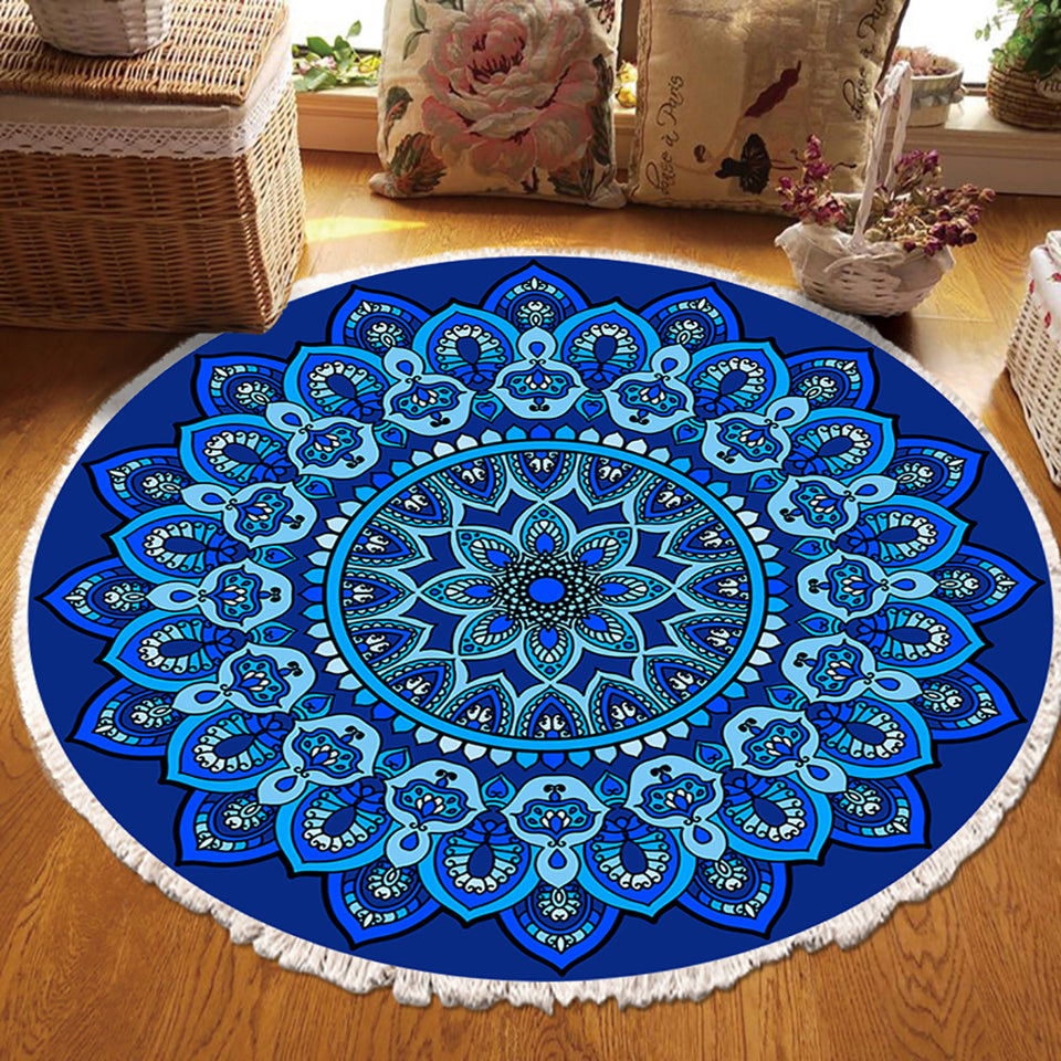 SOGA 90cm Blue Mandala Round Carpet for Living Room Bedroom Anti-slip Doormat Home Decor