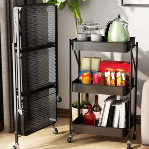 SOGA 3 Tier Steel Black Foldable Kitchen Cart Multi-Functional Shelves Storage Organizer with Wheels