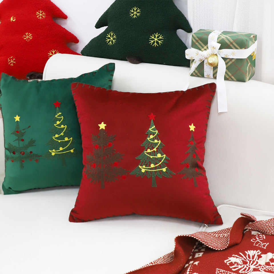 SOGA 45cm Burgundy Red Throw Pillow with Three Embroidered Christmas Trees Festive Holiday Square Cushion Home Decor