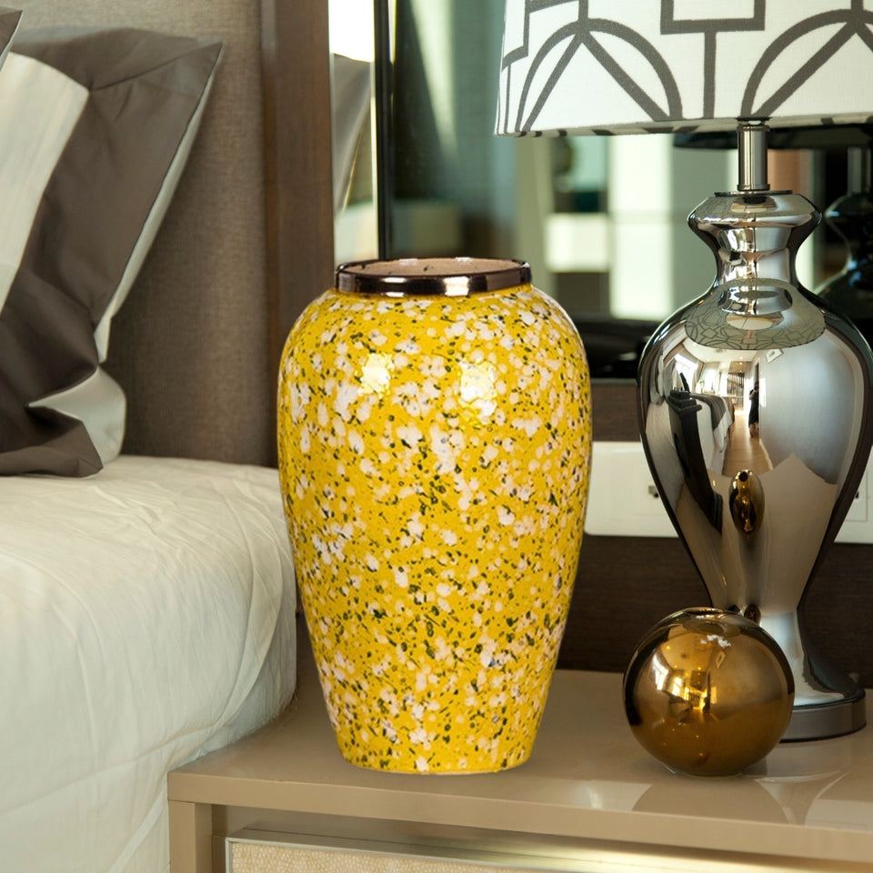 SOGA 30x19cm Yellow with White Mini Floral Medium Ceramic Flower Vase Elegant Living Room Home Decor