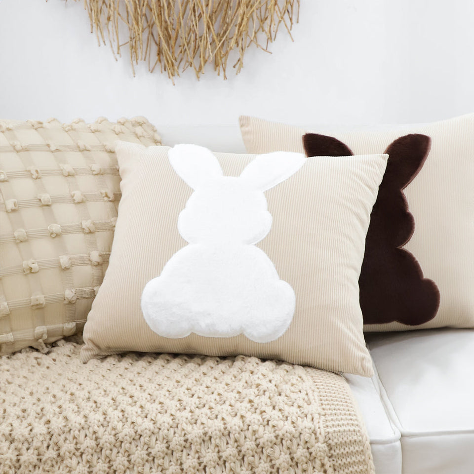 SOGA 45cm Throw Pillow Light Tan Square Cushion with Soft White Rabbit Design Decorative Home Decor