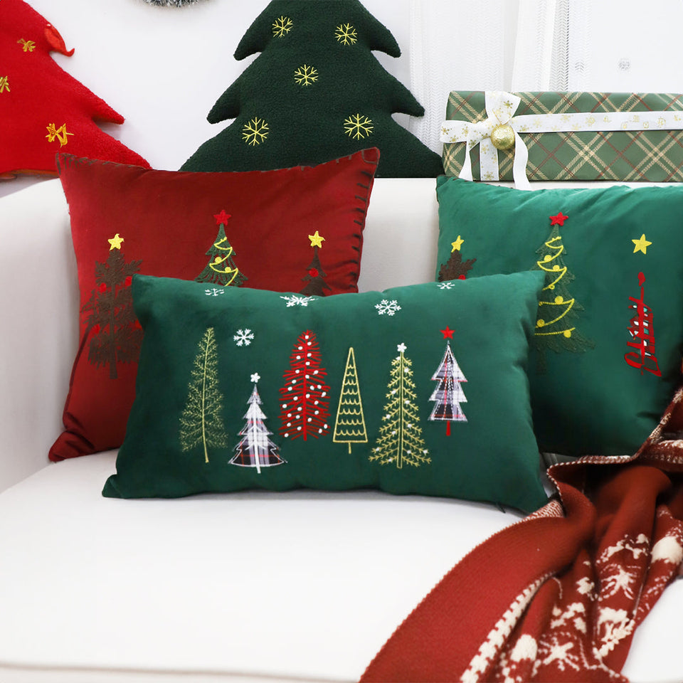 SOGA 30cm Throw Pillow Dark Green Christmas Forest Embroidered Lumbar for Festive Holiday Cushion Home Decor