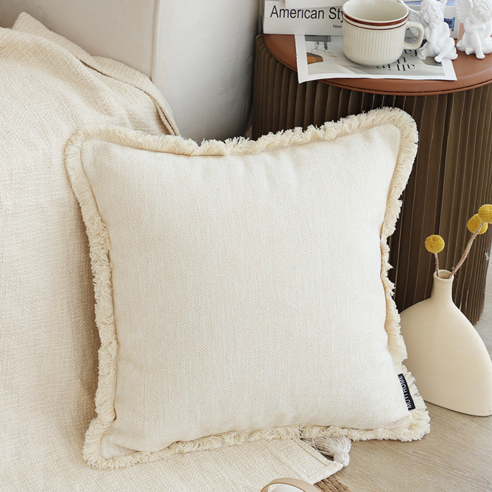 SOGA 45cm Throw Pillow White Chenille Textured with Tassels Stylish Square Cozy Home Decor