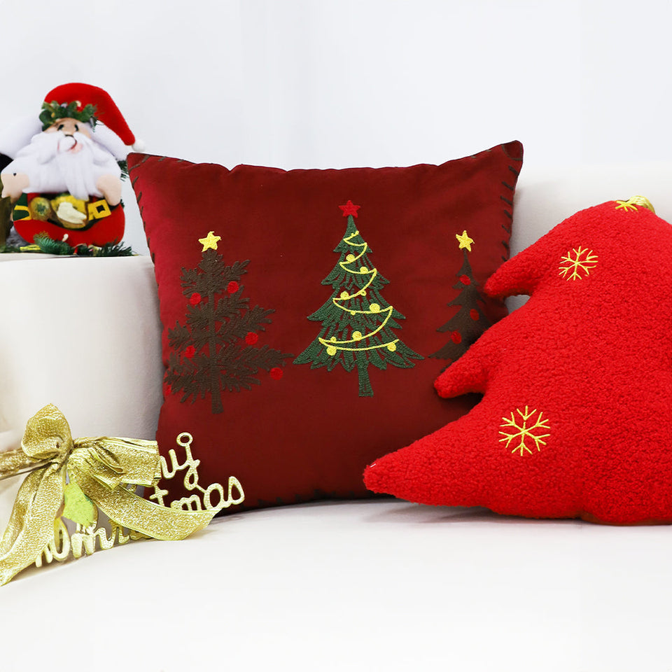 SOGA 45cm Burgundy Red Throw Pillow with Three Embroidered Christmas Trees Festive Holiday Square Cushion Home Decor