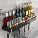 SOGA 52cm Black Wall-Mounted Rectangular Kitchen Spice Storage Organiser Space Saving Condiments Shelf Rack with Hooks