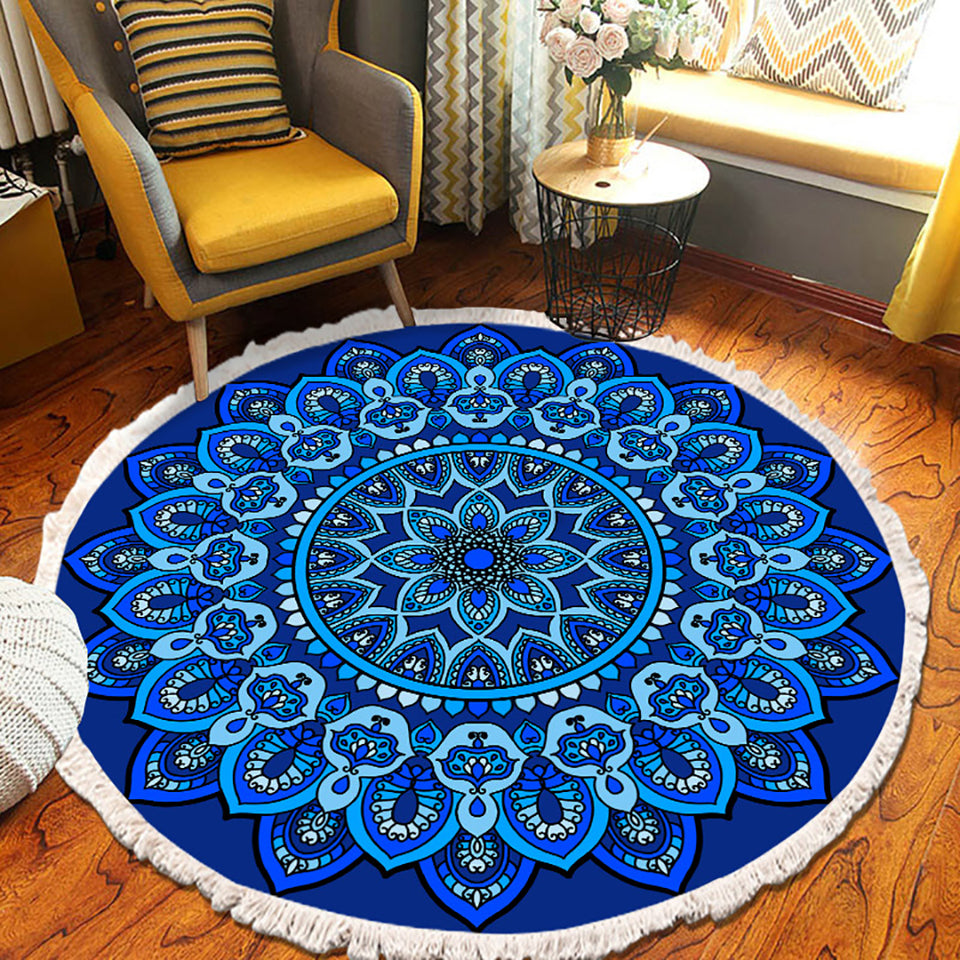 SOGA 90cm Blue Mandala Round Carpet for Living Room Bedroom Anti-slip Doormat Home Decor