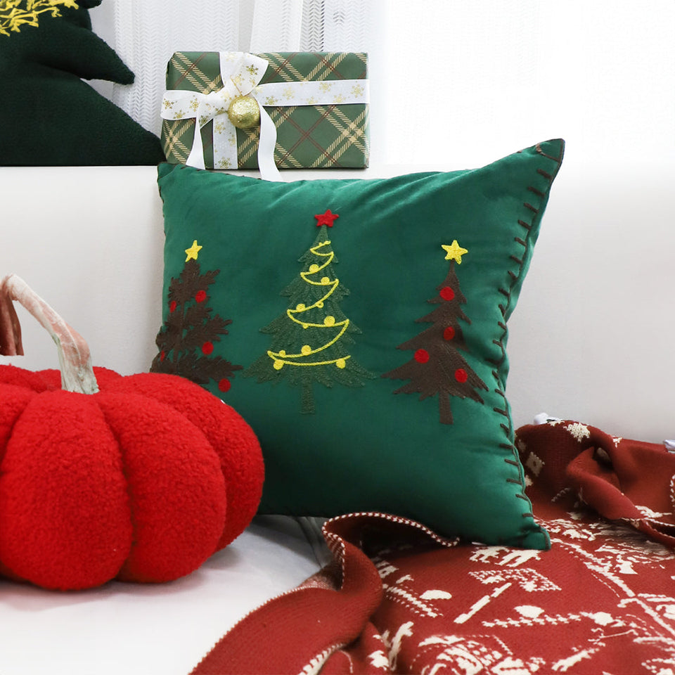 SOGA 45cm Throw Pillow Green Three Embroidered Christmas Trees for Festive Holiday Square Cushion Home Decor