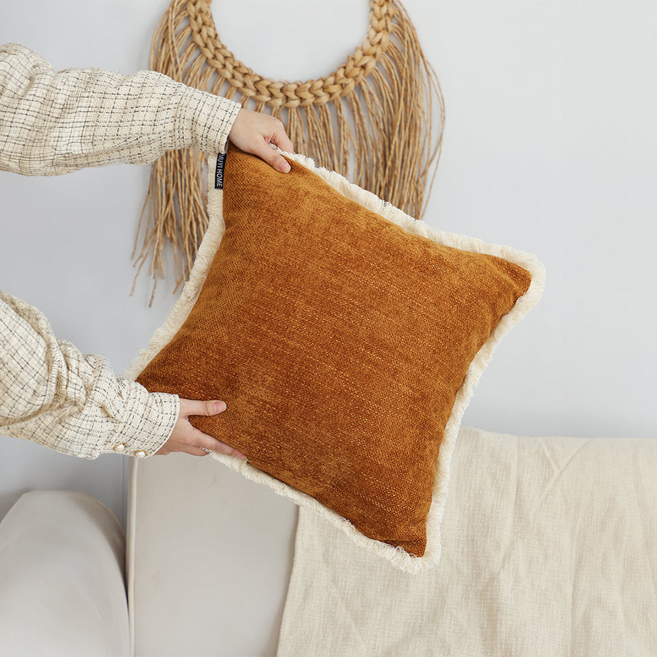 SOGA 45cm Throw Pillow Sunset Orange Chenille Textured with Tassels Stylish Square Cozy Home Decor