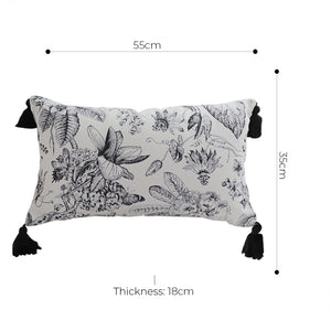 SOGA 35cm Throw Pillow  Black and White Floral Print Elegant with Tassel Accents Home Decor