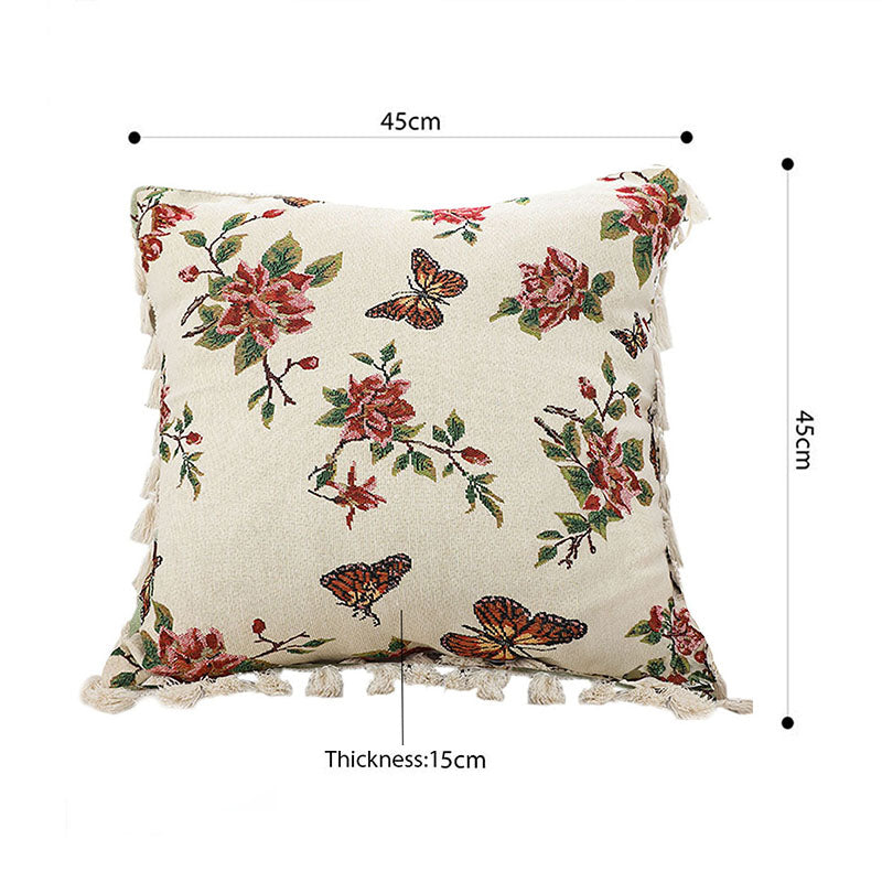 SOGA 45cm Creamy White French Vintage Butterfly Loves Flowers Tassel Throw Pillow