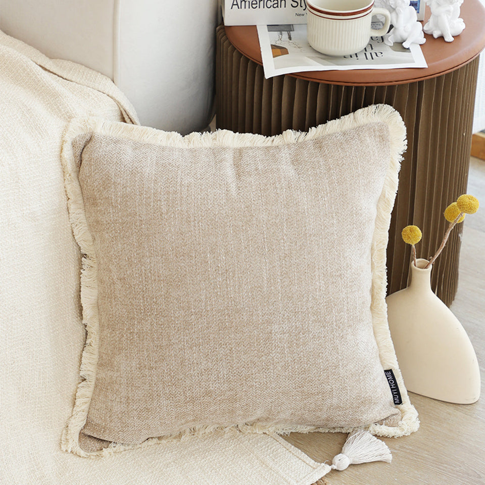 SOGA 45cm Throw Pillow Latte Color Chenille Textured with Tassels Stylish Square Cozy Home Decor