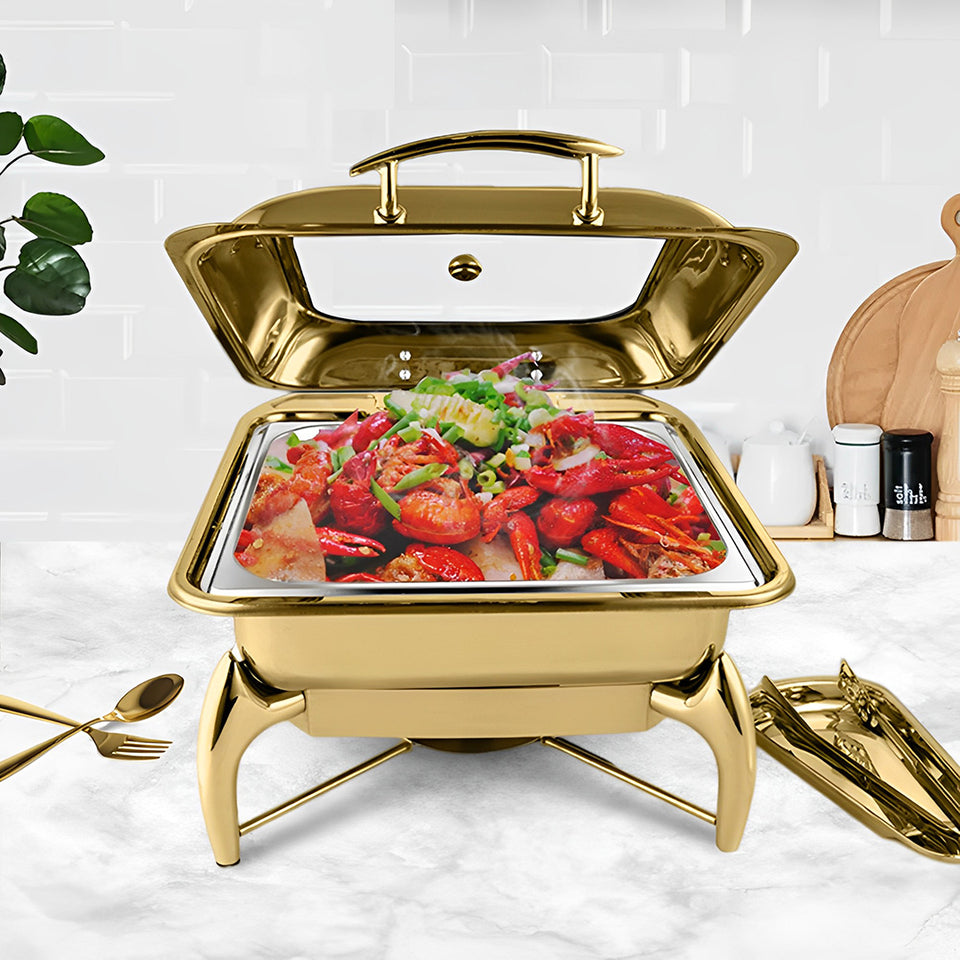 SOGA 2X Gold Plated Stainless Steel Square Chafing Dish Tray Buffet Cater Food Warmer Chafer with Top Lid