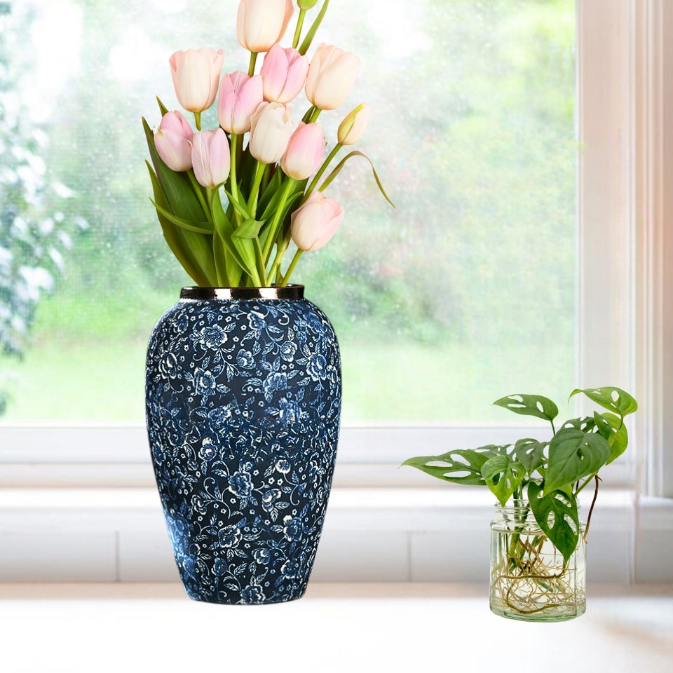 SOGA 30x19cm Blue with White Mini Floral Medium Ceramic Flower Vase Elegant Living Room Home Decor