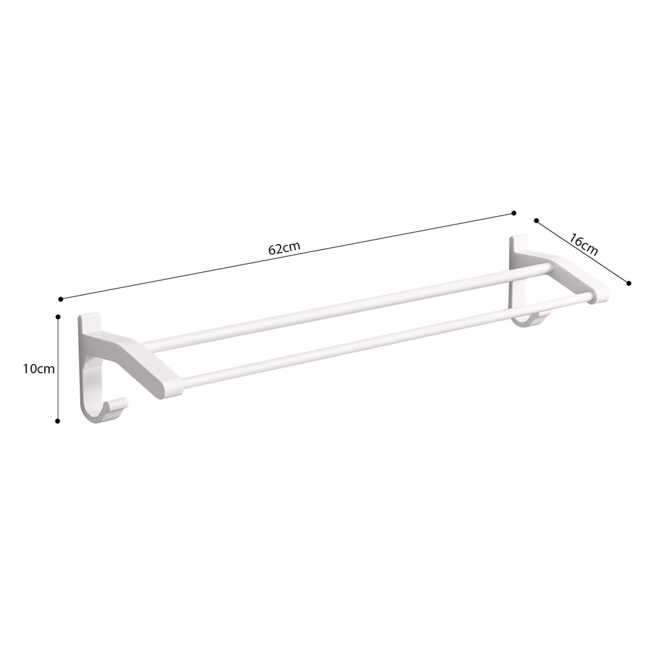 SOGA 62cm White Wall-Mounted Double Pole Towel Holder Bathroom Organiser Rail Hanger with Hooks