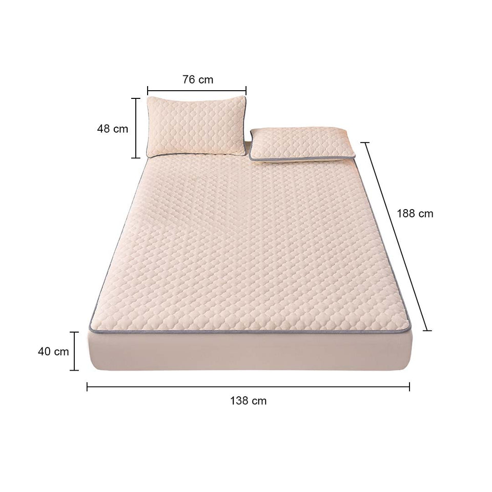 SOGA 2X Beige 138cm Wide Mattress Cover Thick Quilted Fleece Stretchable Clover Design Bed Spread Sheet Protector with Pillow Covers