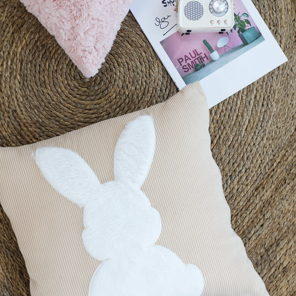 SOGA 45cm Throw Pillow Light Tan Square Cushion with Soft White Rabbit Design Decorative Home Decor