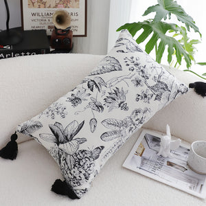 SOGA 35cm Throw Pillow  Black and White Floral Print Elegant with Tassel Accents Home Decor