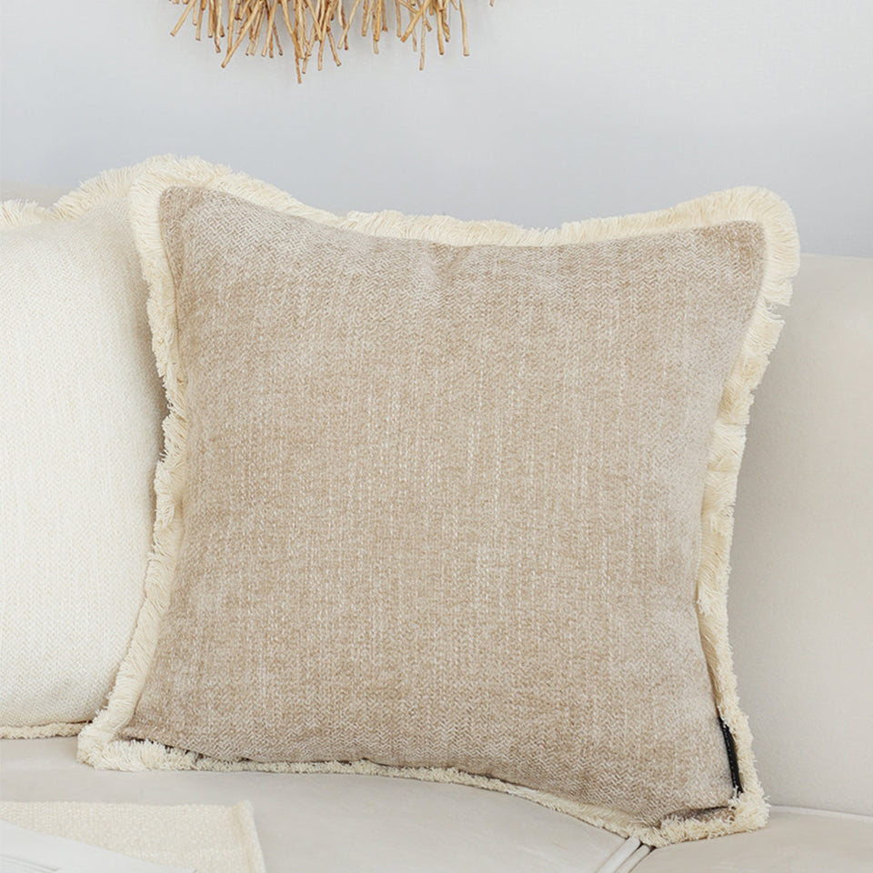 SOGA 45cm Throw Pillow Latte Color Chenille Textured with Tassels Stylish Square Cozy Home Decor