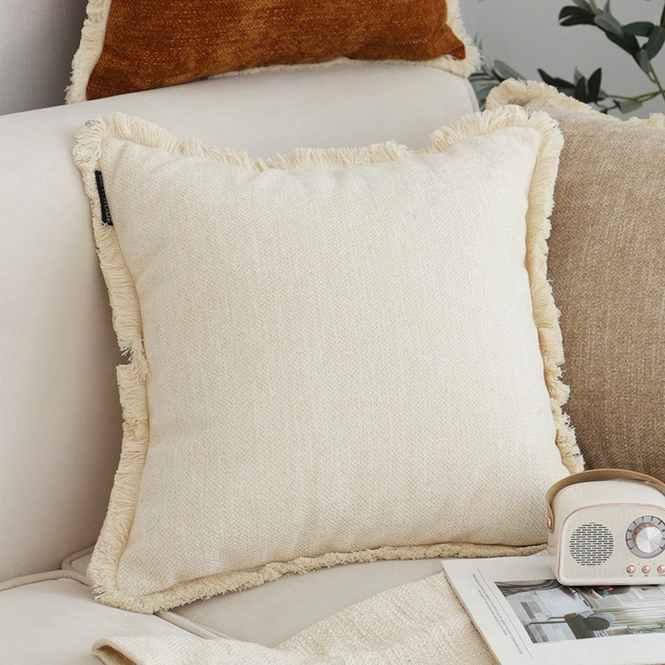 SOGA 45cm Throw Pillow White Chenille Textured with Tassels Stylish Square Cozy Home Decor