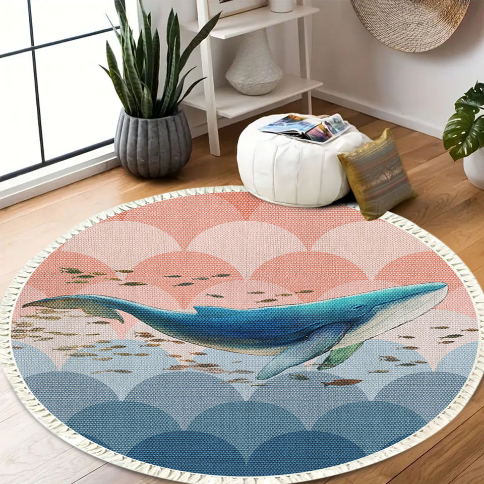 SOGA 2X 120cm Round Tassels Whale Print Area Rugs Home Decor