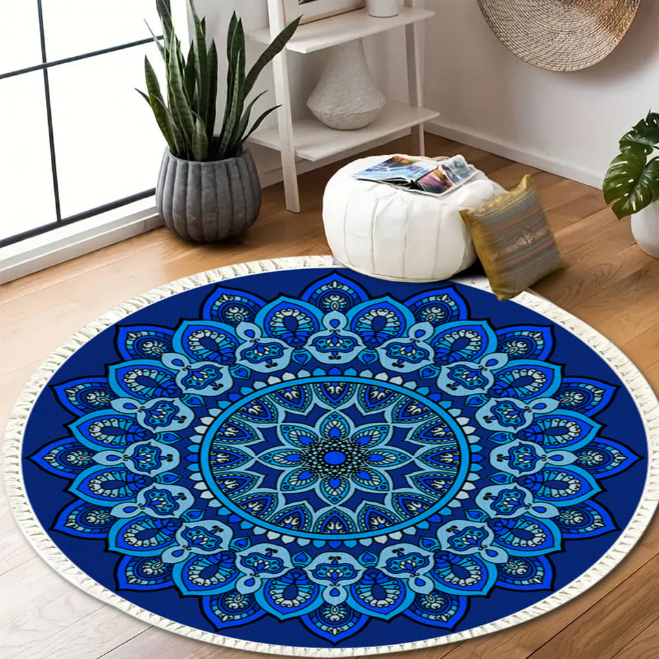 SOGA 90cm Blue Mandala Round Carpet for Living Room Bedroom Anti-slip Doormat Home Decor