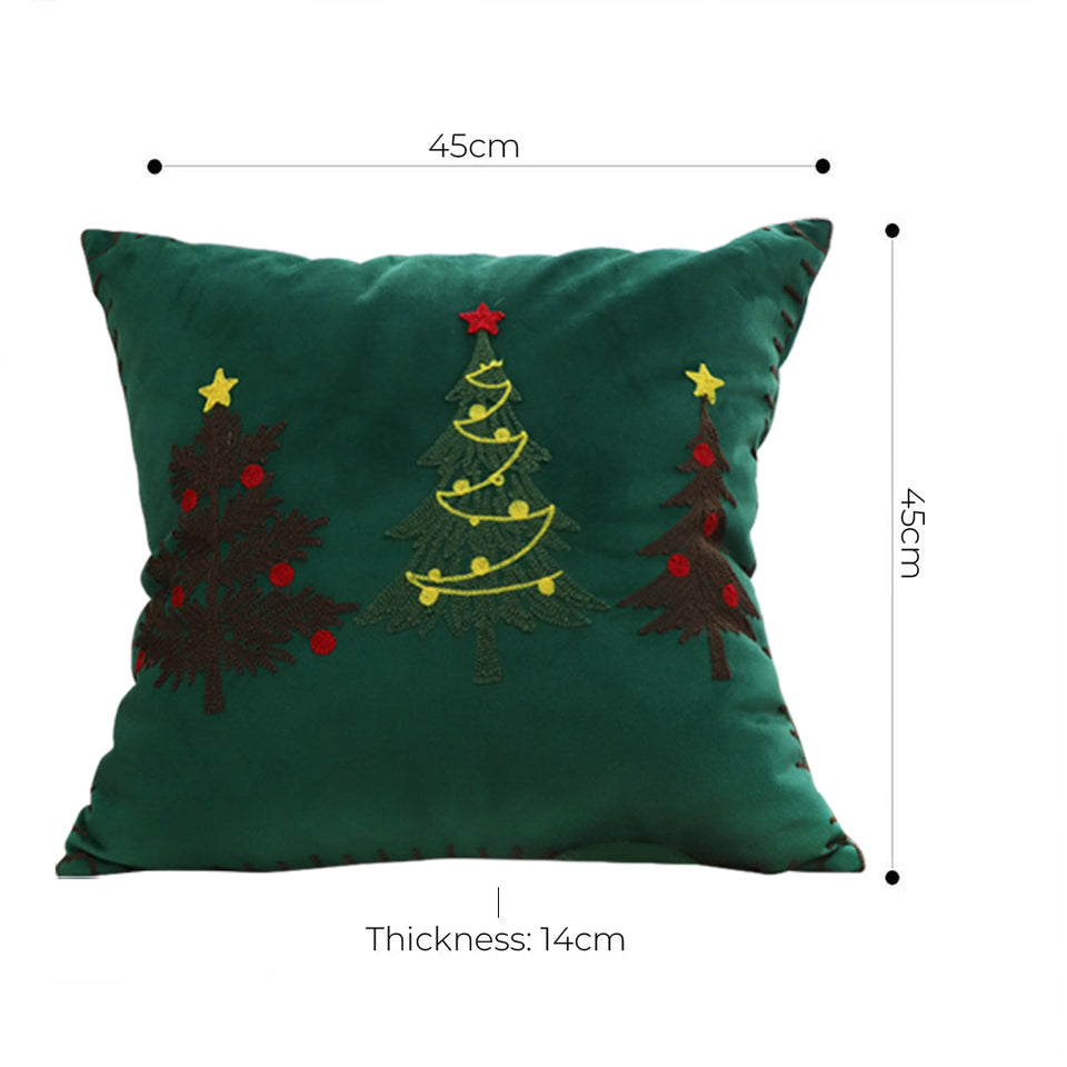 SOGA 45cm Throw Pillow Green Three Embroidered Christmas Trees for Festive Holiday Square Cushion Home Decor